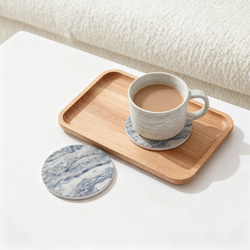 Set Of 6 Absorbent Ceramic Coasters With Metal Holder, Cork Backing For Table Protection, Minimalist Home Decor, Coffee Table Accessories