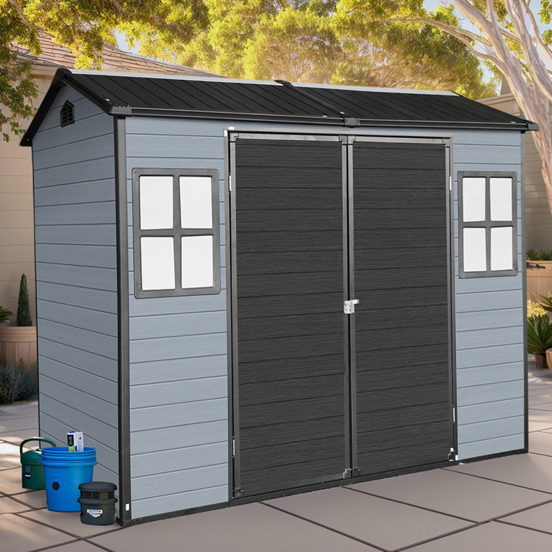 Remise de jardin extérieure avec plancher et 2 fenêtres, remise en plastique pour patio avec porte verrouillable pour outils de jardin, vélos, poubelles