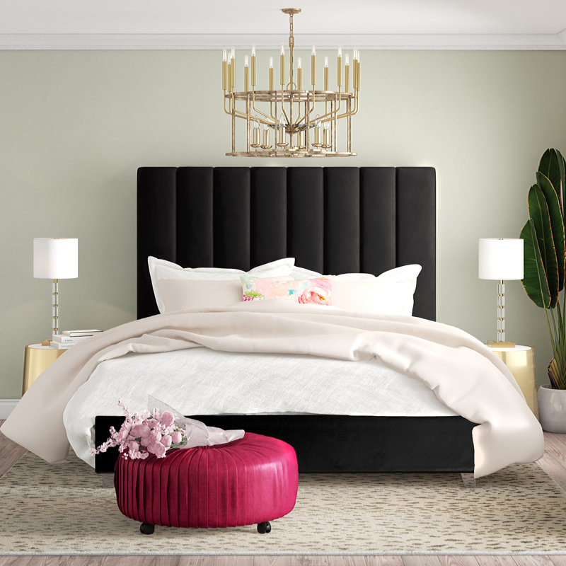 Sibert Upholstered Platform Bed, Black Velvet, Queen