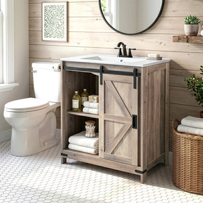 30'' Barn Door Gray Vanity With Ceramic Sink