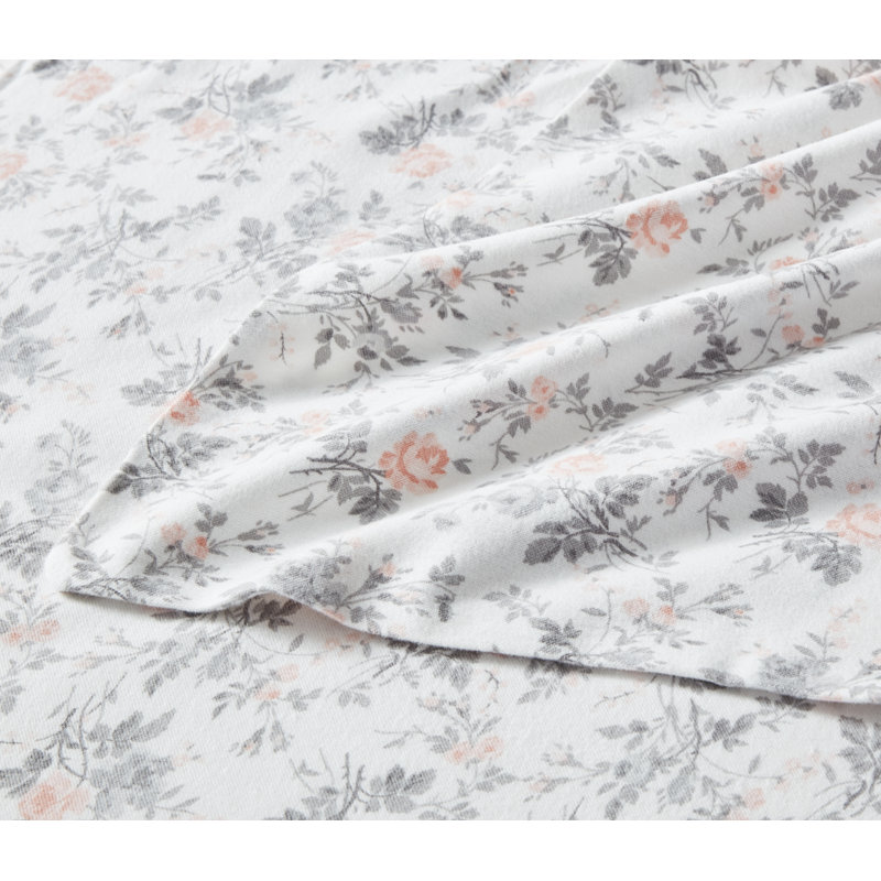 Rosalie Gray Floral Cotton Flannel Full Sheet Set