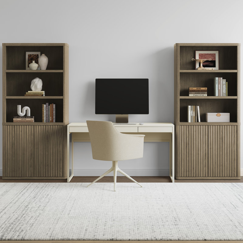 Cesiro 6-Tier Bookcase With 2 Fluted Doors And Adjustable Shelves, Gray Alder
