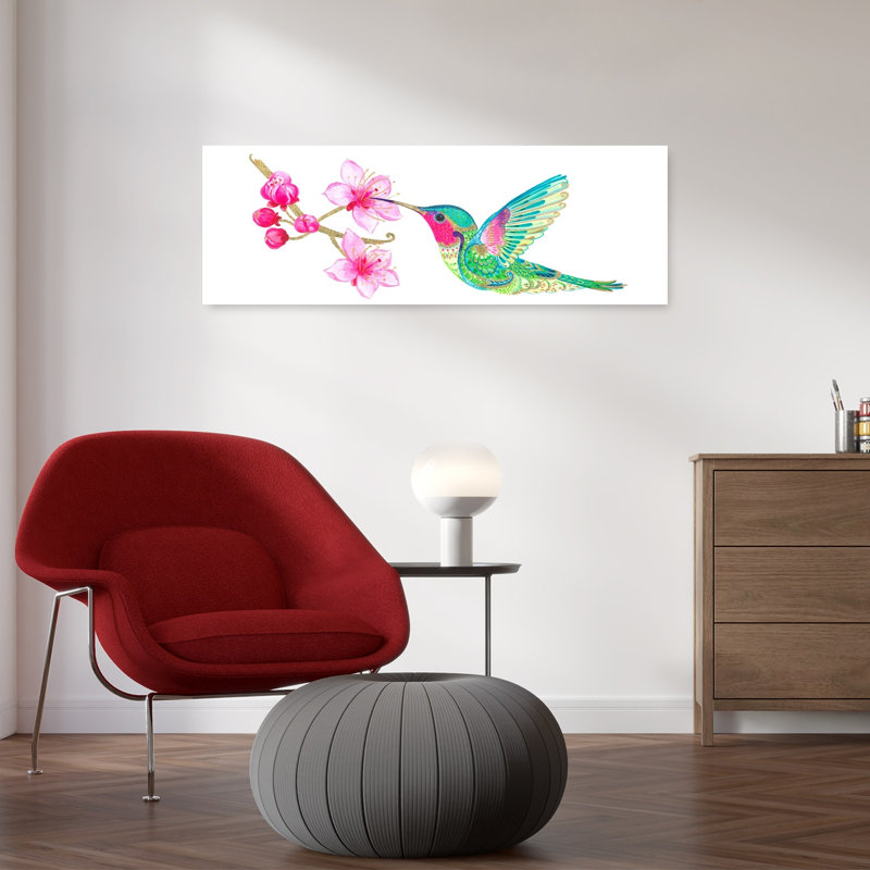 Colibri et fleur colorée, délicat colibri vibrant, cerisier, fleur, art mural nature, H 36 po x l 12 po