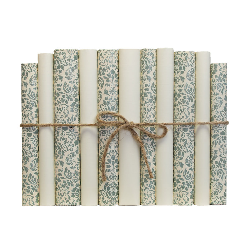 Livres décoratifs - Ensemble de livres sur papier damassé crème sauge - 1 pied de livres verts