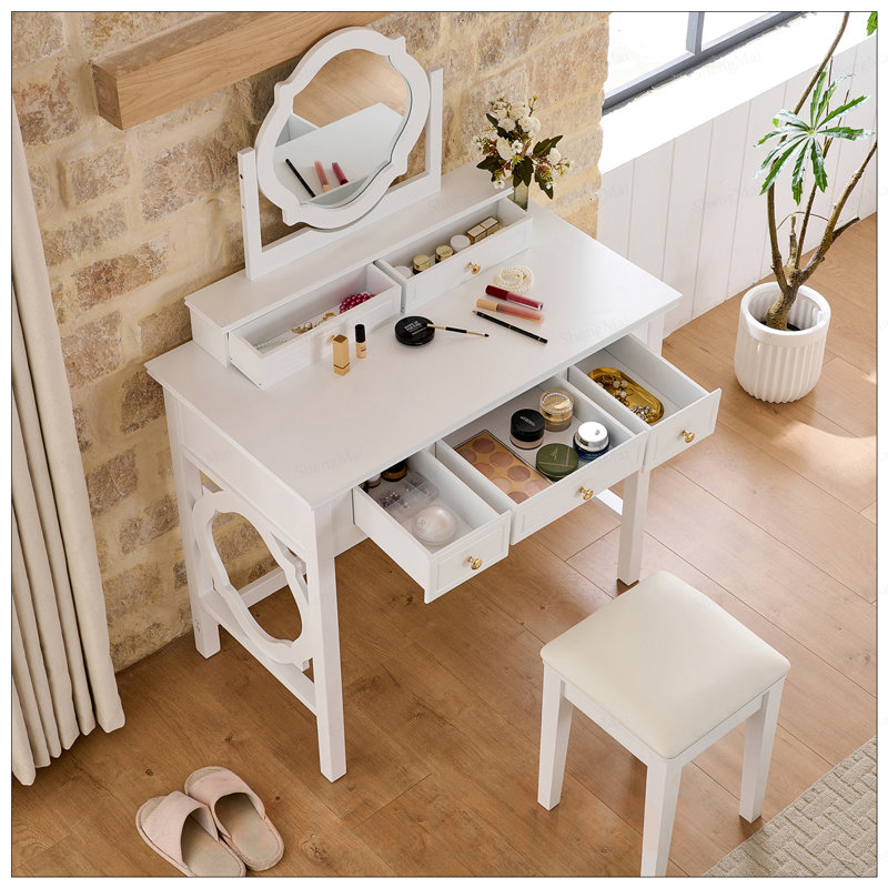 Coiffeuse compacte avec miroir réversible, coiffeuse avec tabouret, coiffeuse compacte pour petits espaces