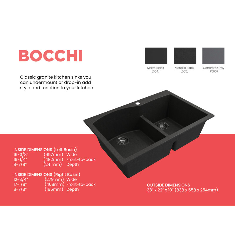 Campino 33'' L Double Basin Kitchen Sink, Metallic Black