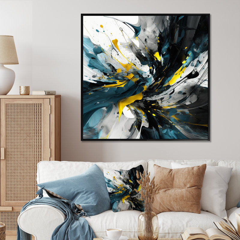 «Normand Yellow Green Transcendent», encre liquide encadrée sur toile, H 30 po x l 30 po x P 1 po, Cadre flottant noir
