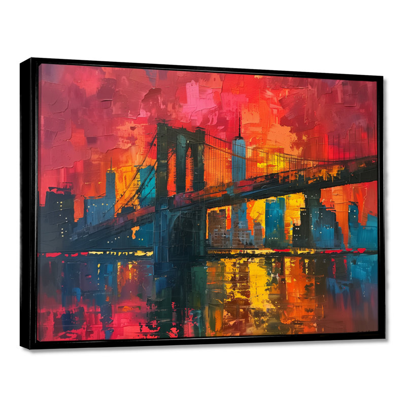 Pont rouge et bleu de Brooklyn, art mural, Cadre flottant noir, H 24 po x l 32 po