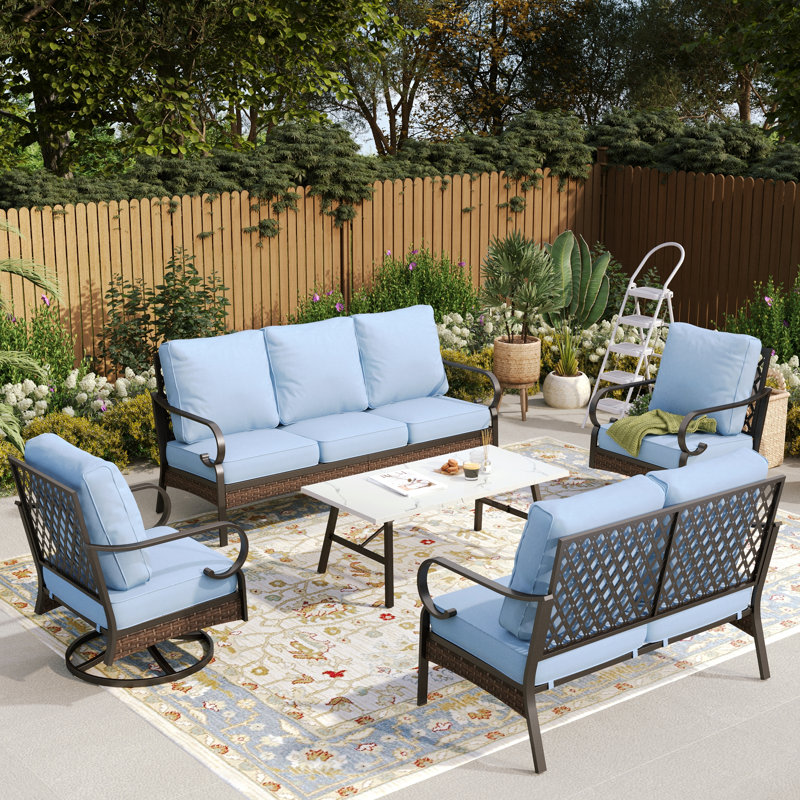 7-Person Patio Conversation Set With Loveseat & Swivel Lounge Chairs, Blue