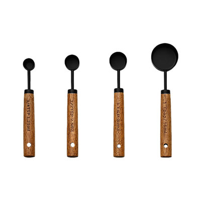 Baking tool Stainless Steel Measuring Cup Measuring Spoon Four-piece Household Wooden Handle Measuring Spoon Blackening Measuring Spoon Baking Utensils Set