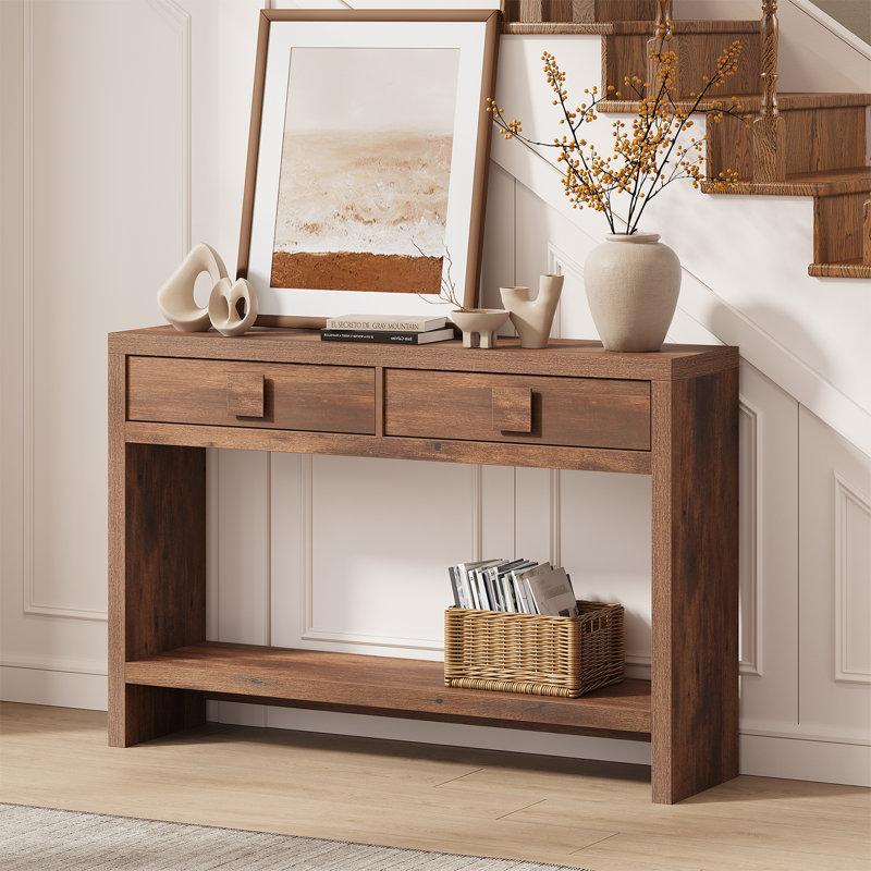 Console 47,3 po en bois avec 2 tiroirs, table de canapé pour le couloir, le vestibule, le salon, Brun