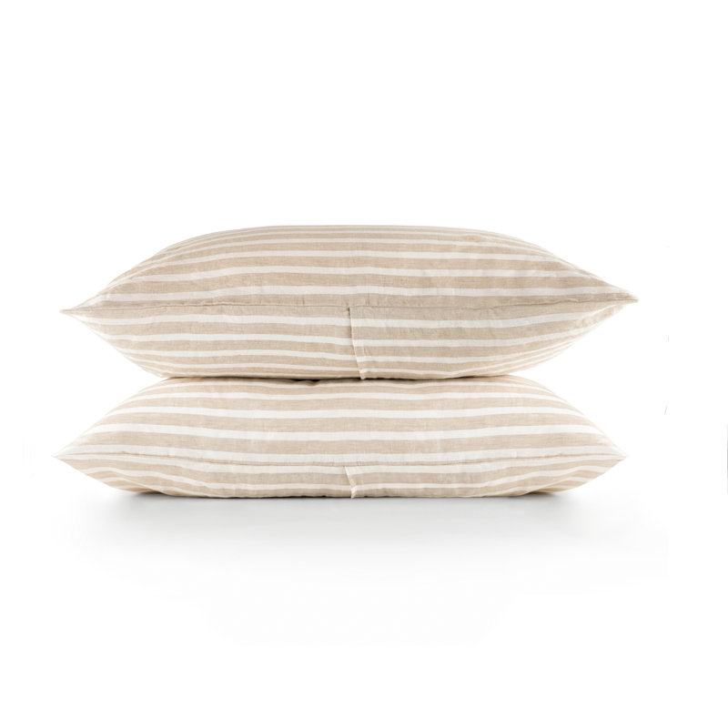 100% French Linen Pillowcase Set, King Pillowcase, Putty/Cream Striped