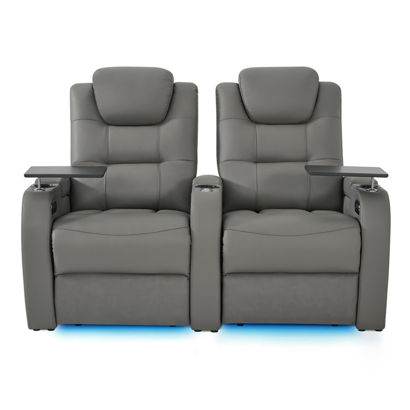 Double fauteuil inclinable de cinéma maison en cuir fleur avec ports USB et de type C, Cuir véritable gris