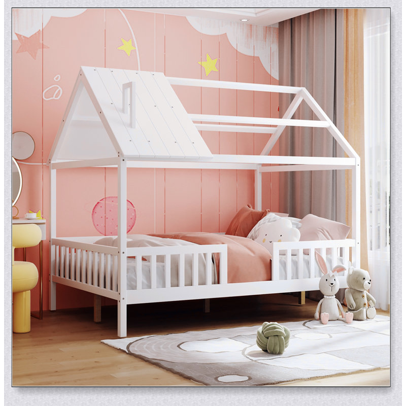 Wood House Bed With Fence, Full, White