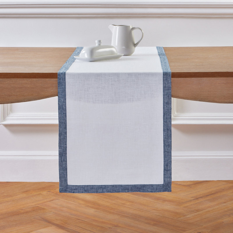 Classic - 100% Pure Linen Table Runner, 90" x 14", Chambray Indigo/White, Narrow Border