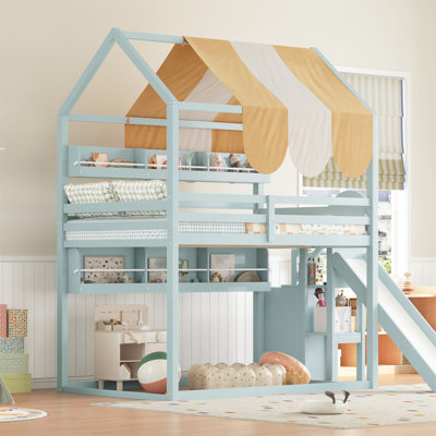 Full Size House Bed with Playhouse Canopy, Slide, and Built-In Bookshelves