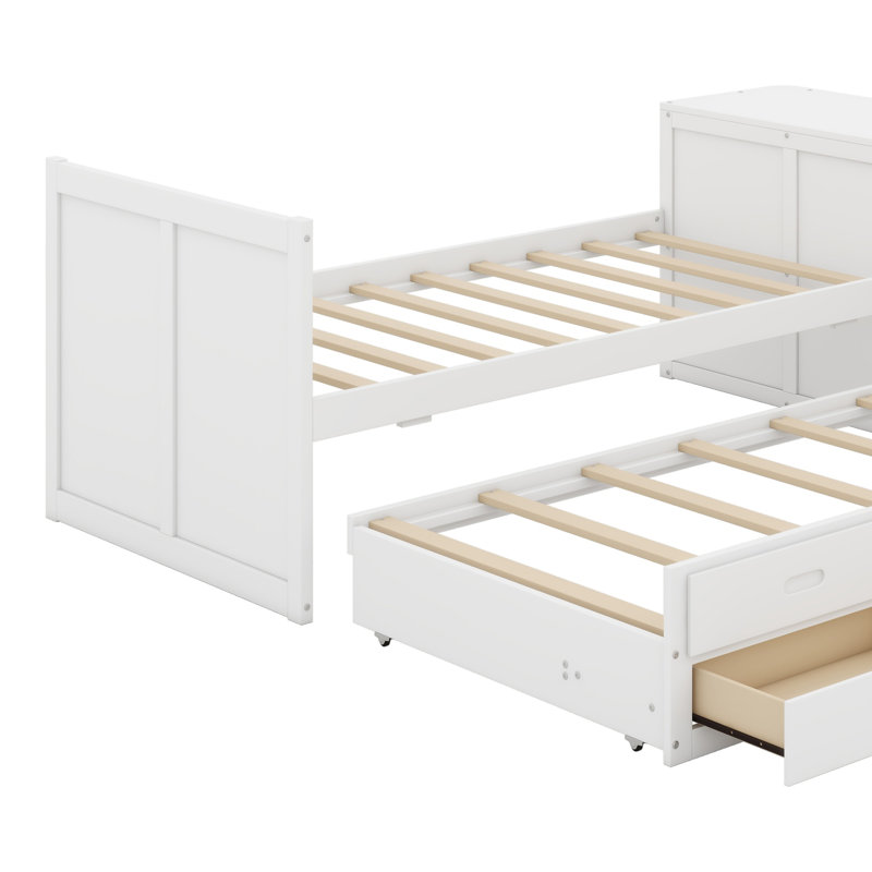 Lit plateforme avec bureau et tablette de rangement au bout du lit, lit gigogne et tiroirs, blanc