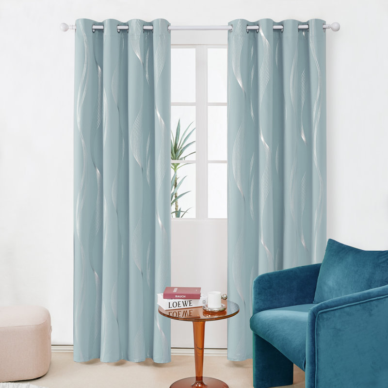 Spurgh Sliver Wave Foil Print Blackout Thermal Grommet Curtain Panels (Set of 2), 52" W x 45" L, Sky Blue