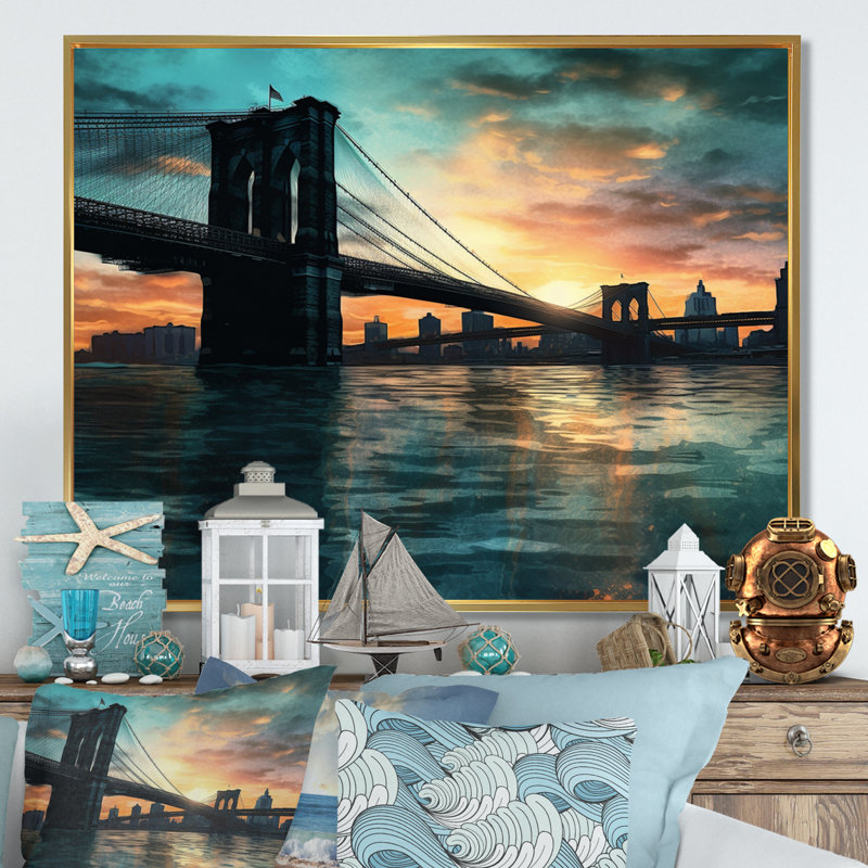 Green and Pink Brooklyn At Sunset, reproduction d'art sur toile, H 24 po x l 32 po x P 1 po, Cadre flottant doré
