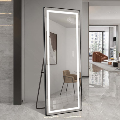 Full-Length Illuminated Floor Vertical Mirror With LED Light, Bracket & Aluminum Alloy Thin Frame