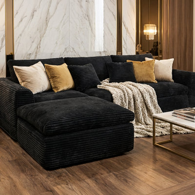 Éponge désossée de 30 pouces à densité de 108 pouces, coussins en forme de nuage à double couche, 4 en forme de L, style classique américain, revêtement en velours côtelé, assise moelleuse, dossier rembourré, facile à entretenir, conception noire, récupération rapide