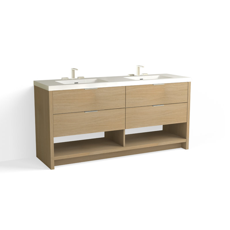 Vue 72" W Freestanding Double Bathroom Vanity, Biondo, Polished Nickel, Matte White/8" Widespread