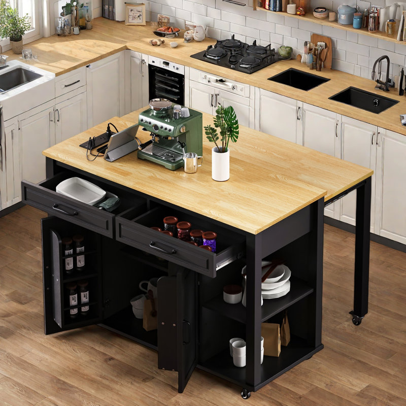 Îlot de cuisine avec table de salle à manger extensible, support de rangement interne, prise de courant, 2 tiroirs, 2 armoires et tablettes ouvertes