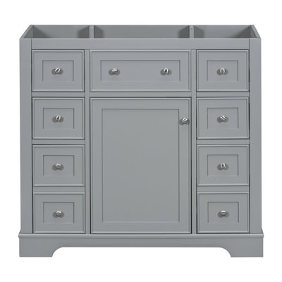 Base de meuble-lavabo gris de 36 po. Une armoire et six tiroirs. Fabriquée en bois véritable et résistante à l'eau et aux taches. Grandes options de rangement. Style moderne. Autoportante. Assemblage requis 1 armoire, 6 solides.