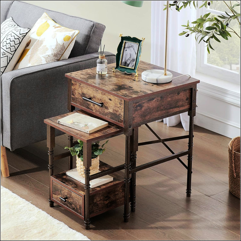 Nesting End Tables With Drawers, Metal Frame & Wooden Top, Stackable Small & Large Side Tables For Living Room, Bedroom, Sofa Side (Brown)