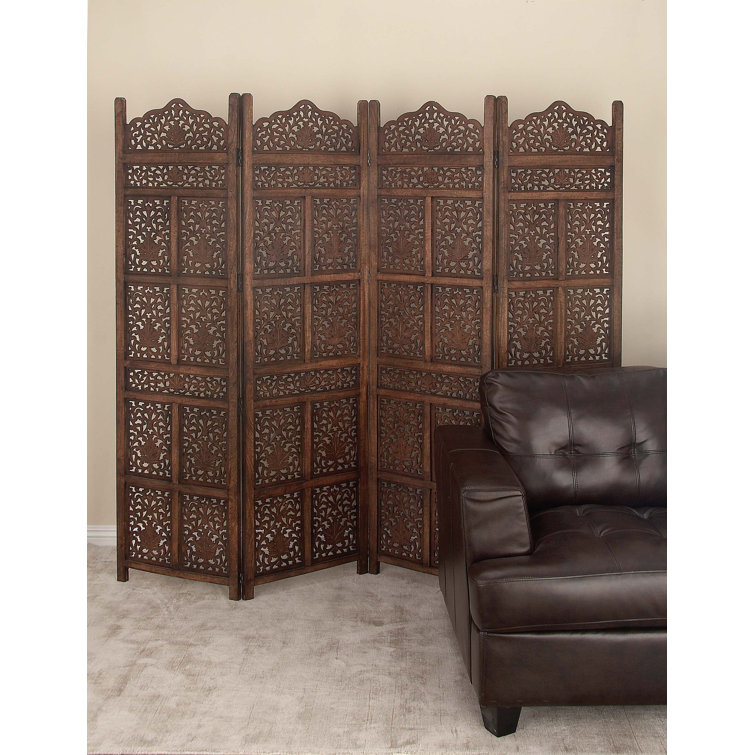 Madalyn Brown Wood Handmade Hinged Foldable Partition 4 Panel Floral Room Divider Screen