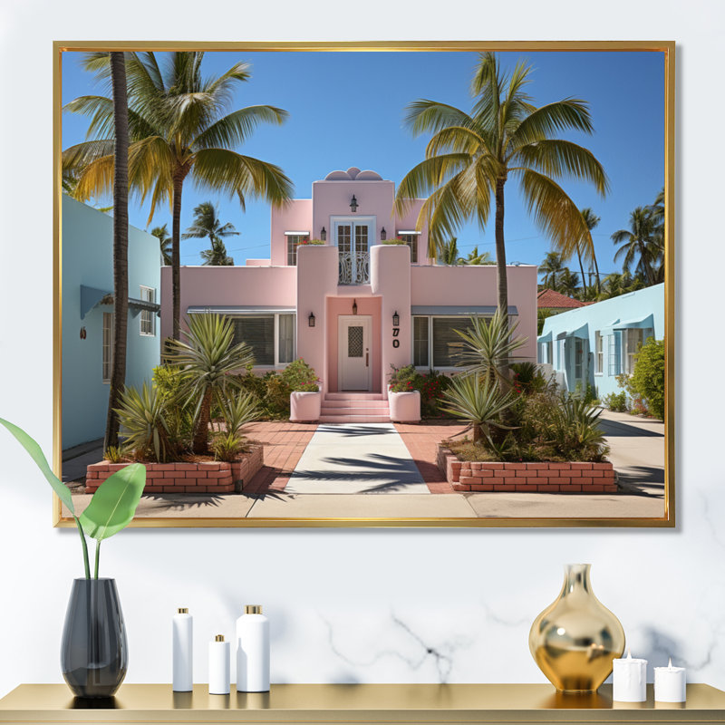 Miami Pink House IV, reproduction d'art sur toile, H 24 po x l 32 po x P 1 po, Cadre flottant doré