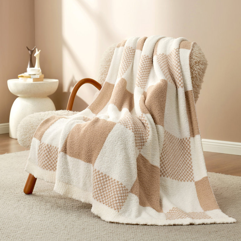 Jeté décoratif réversible en tricot à carreaux léger pour canapé ou lit, 80" L x 60" W, Beige / Blanc