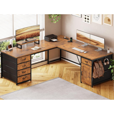 Bureau en L 63 po avec bureau à 5 tiroirs et prise de courant