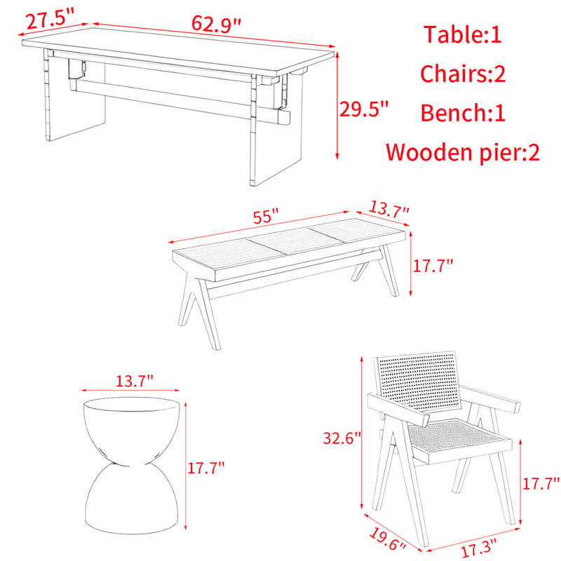 Rectangular suspended acrylic dining table set, 29.5"H x 62.9"L x 27.5"W