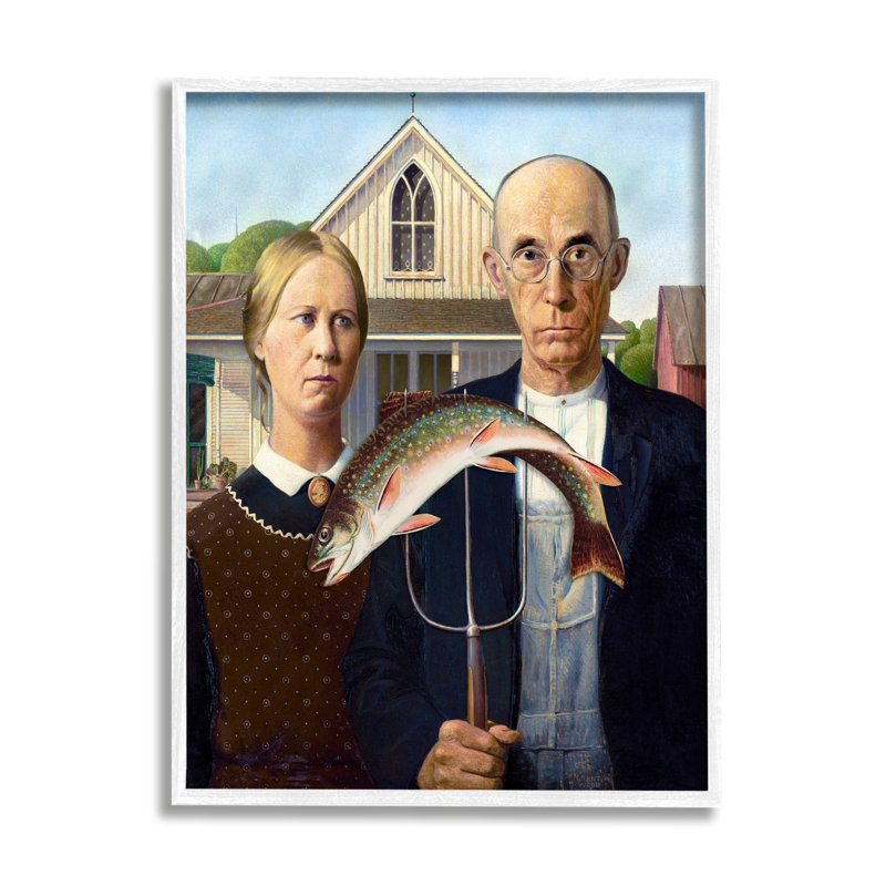 Peinture gothique américaine avec poisson encadrée sur bois par Birch & Ink, H 14 po x l 11 po x P 1,5 po