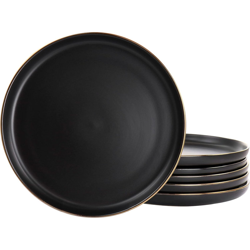 Ensemble de 6 assiettes en grès Elama Paul - noir mat avec bordure dorée, vaisselle élégante moderne, va au micro-ondes et au lave-vaisselle