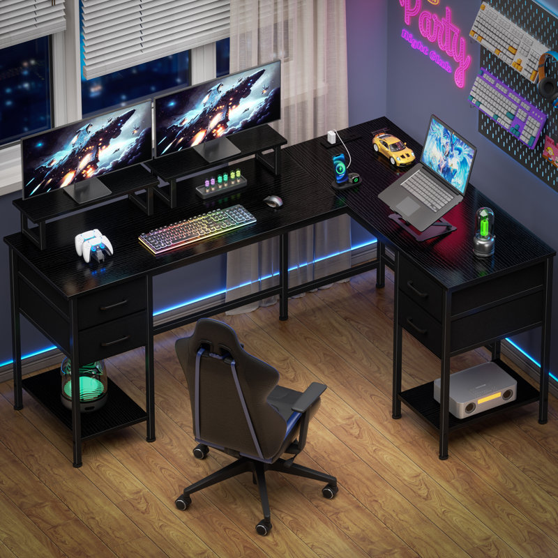 59.4” L-Shaped Computer Desk with Power Outlet, 29.1" H x 59.4" W x 39.4" D, Black