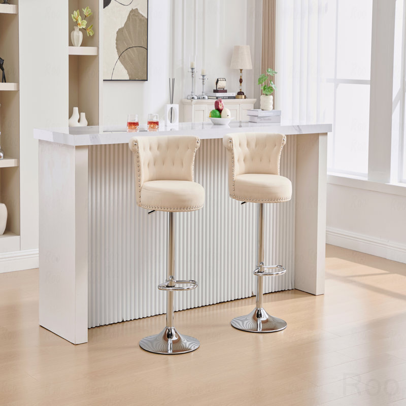 Ensemble de 2 tabourets de bar réglables en velours, pieds en métal plaqué argent, têtes de clou chromées, chaise d'appoint de base à hauteur de comptoir