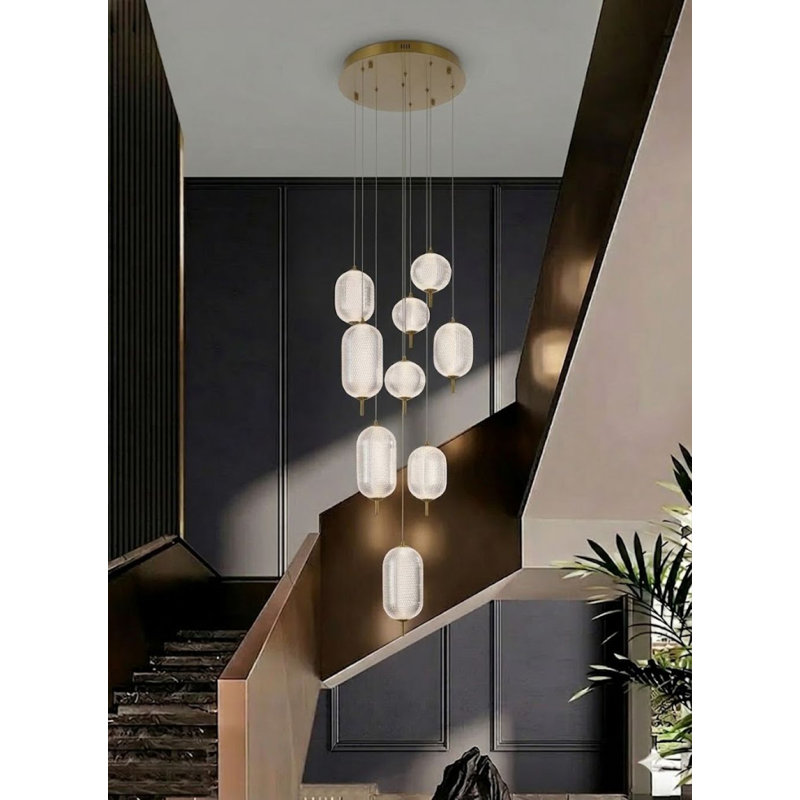 Lustre 9 lumières DEL en laiton à intensité variable avec abat-jour transparent PC