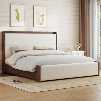 Wooden Platform Bed with Upholstered Headboard and Slats