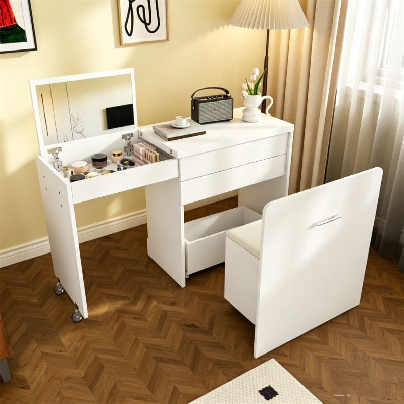 Bureau extensible multifonctionnel pliable de 119 cm (47 po), table de maquillage avec miroir, 3 modes d'utilisation avec tabouret de rangement, meuble gain de place pour chambre ou appartement, blanc