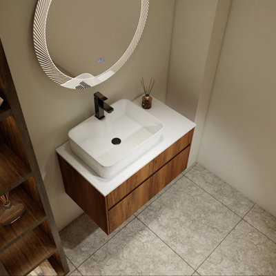32" Wall-Mounted Bathroom Vanity with Ceramic Sink and Soft-Close Doors