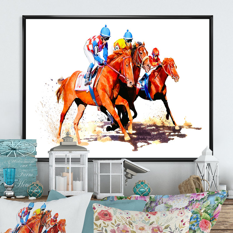 «Three Jockey Racing Horses Racinging», reproduction d'art sur toile, H 30 po x l 40 po x P 1,5 po