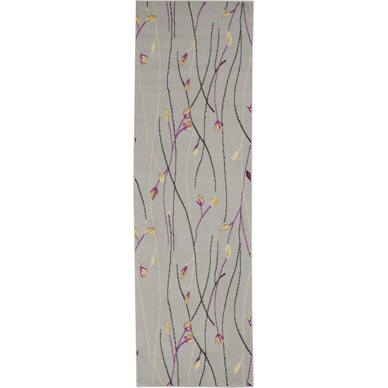 Tapis gris à motif floral Aratrika, Tapis de couloir 2 pi 3 po x 7 pi 6 po