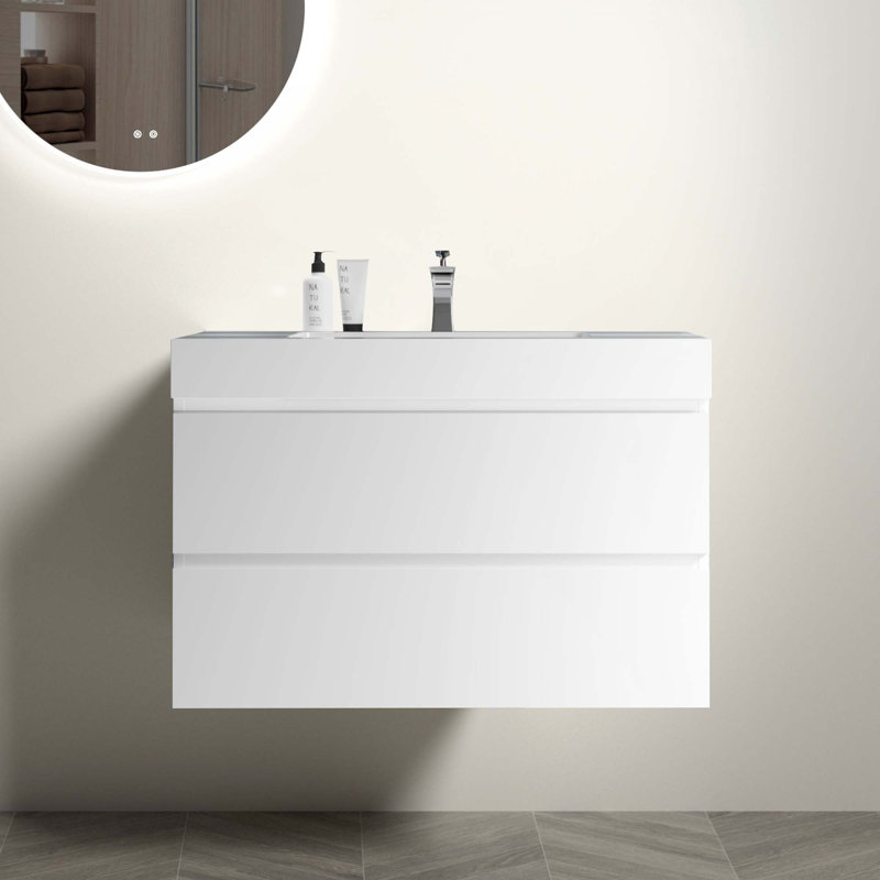 36" Wall Mounted Floating Bathroom Vanity With Sink, White, White