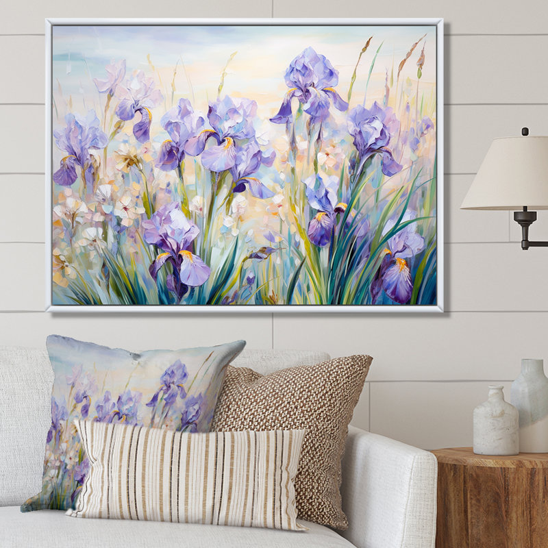 Mauve iris, charme champêtre - fleurs, art mural, H 16 po x l 32 po x P 1 po, Cadre flottant blanc