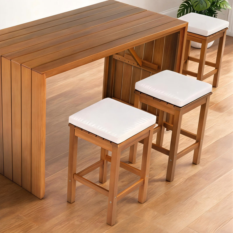 This Five-Piece Acacia Wood Bar Set Features A Simple And Practical Design, With A Single Table And Four Beige Upholstered Bar Stools.