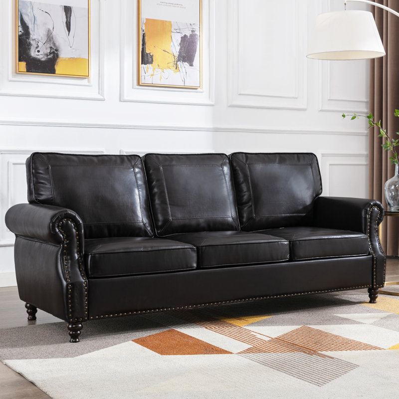 80" Wide Faux Leather Rolled Arm Sofa, Black
