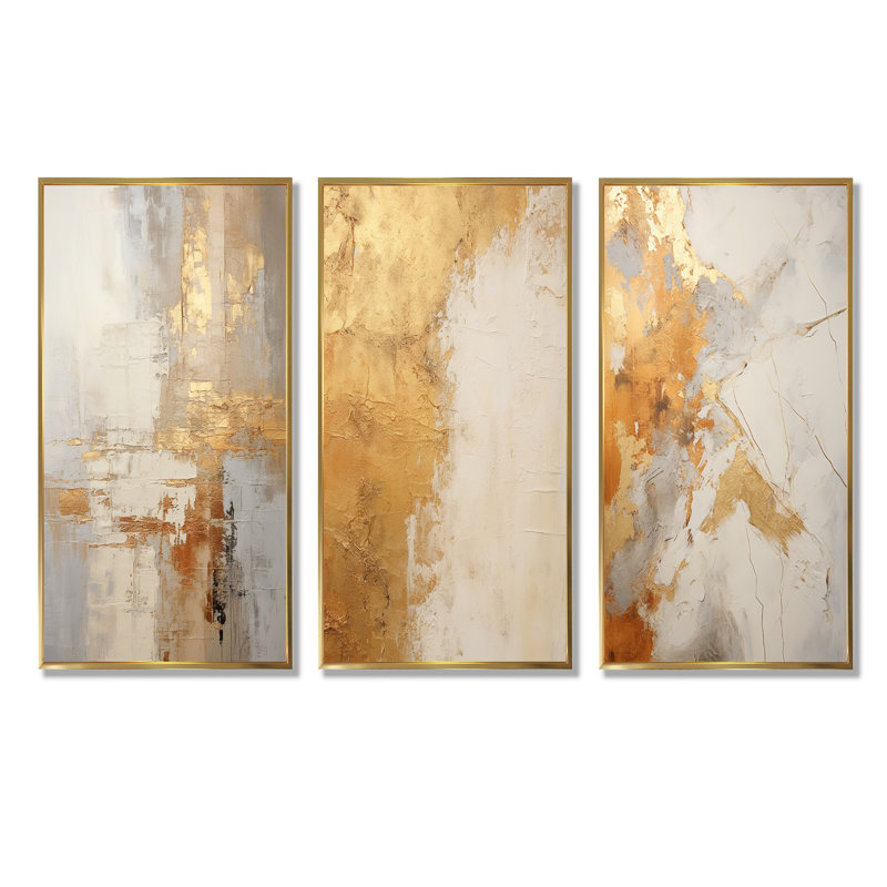 Ensemble de 3 décorations murales abstraites dorées et blanches, Cadre flottant doré, H 40 po x l 60 po