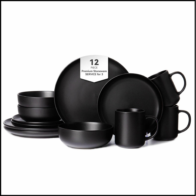 Service de table 12 pièces en grès avec tasses, micro-ondes et lave-vaisselle, Noir
